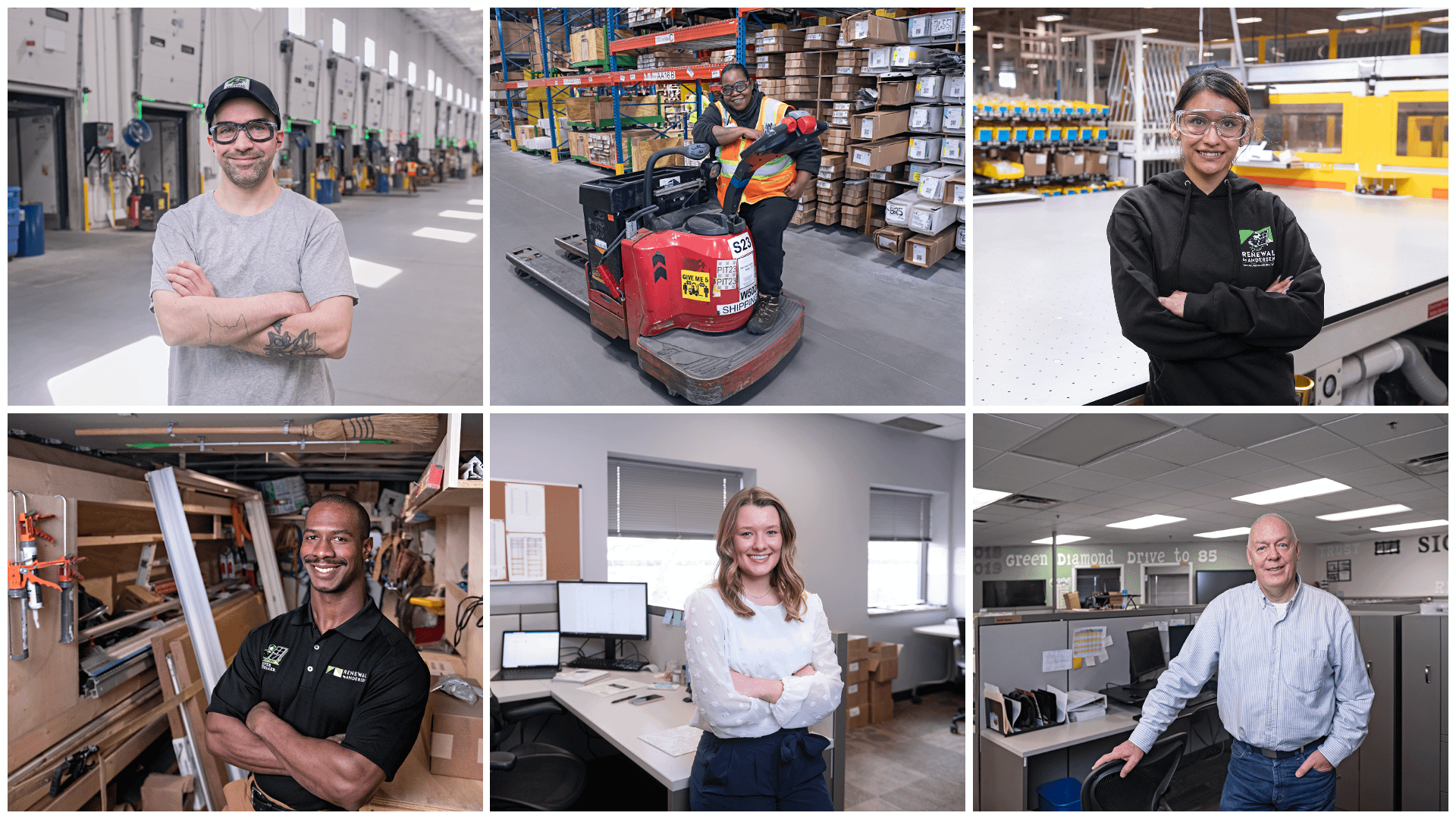 Find your career path, this is an image of various employees from different categories of Renewal by Andersen, manufacturing, admin, installer