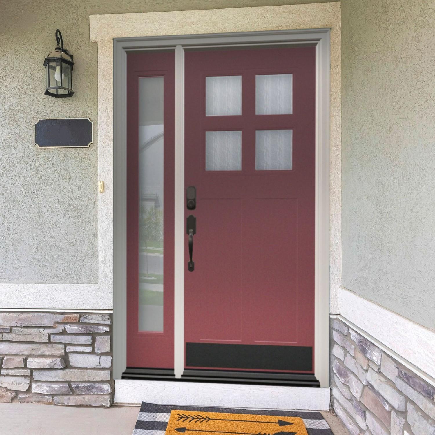 A single panel Ensemble entry door. The door is a brick red color with four small square glass panels in a larger square at the top. One sidelight, full length, off to the left.