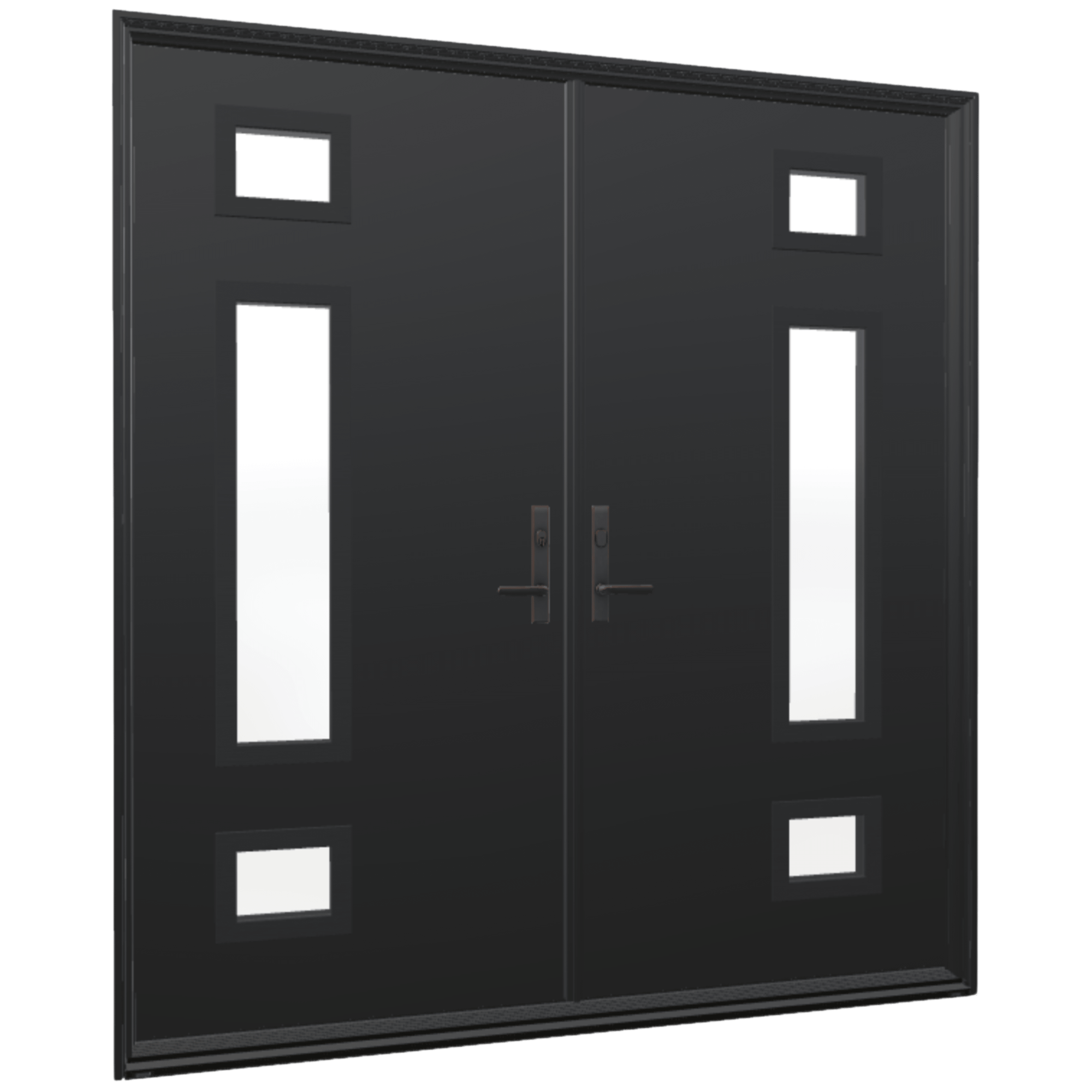 A Ensemble double entry door with modern windows in the door panel.
