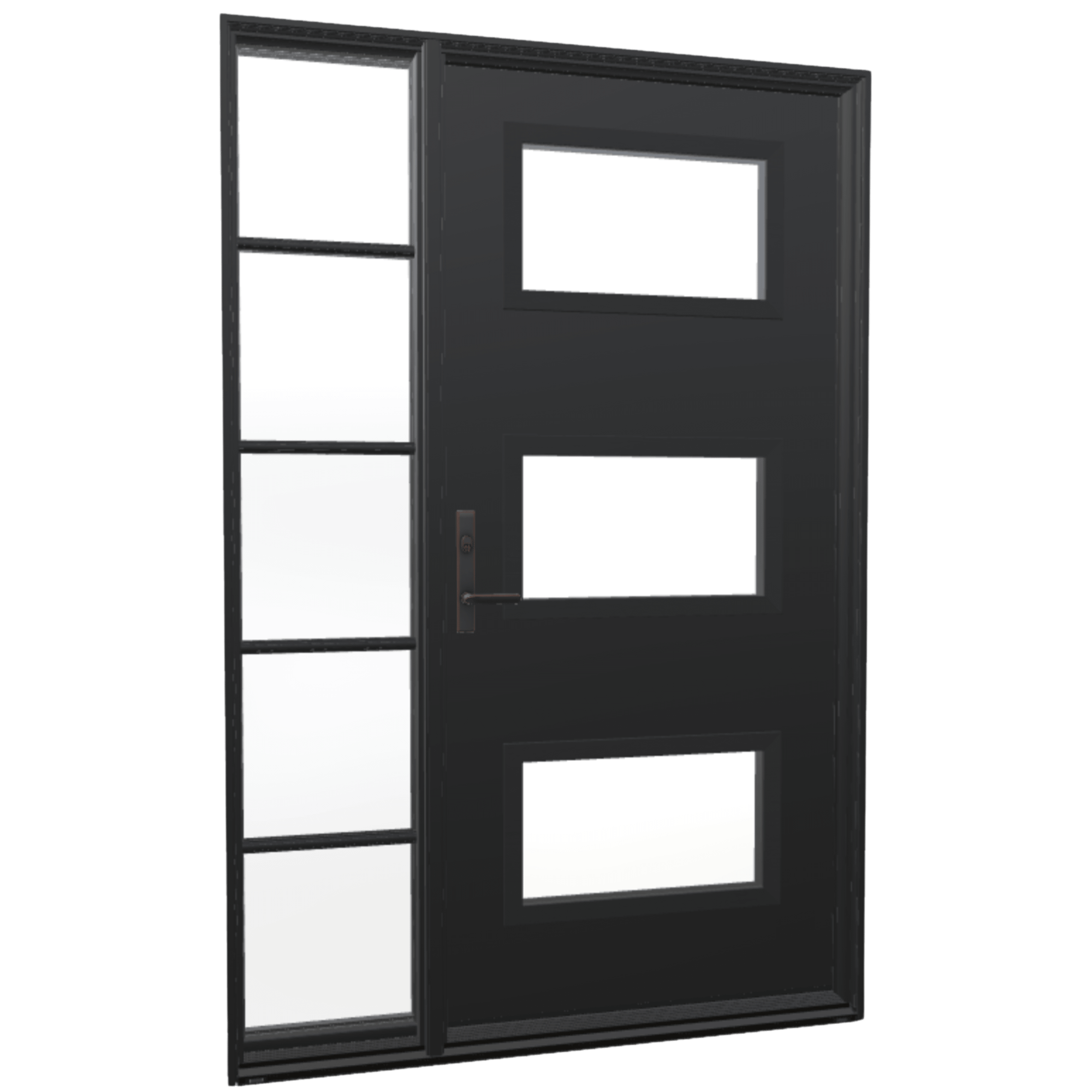 A single panel ensemble entry door with a sidelight. The sidelight has equal lite grilles.