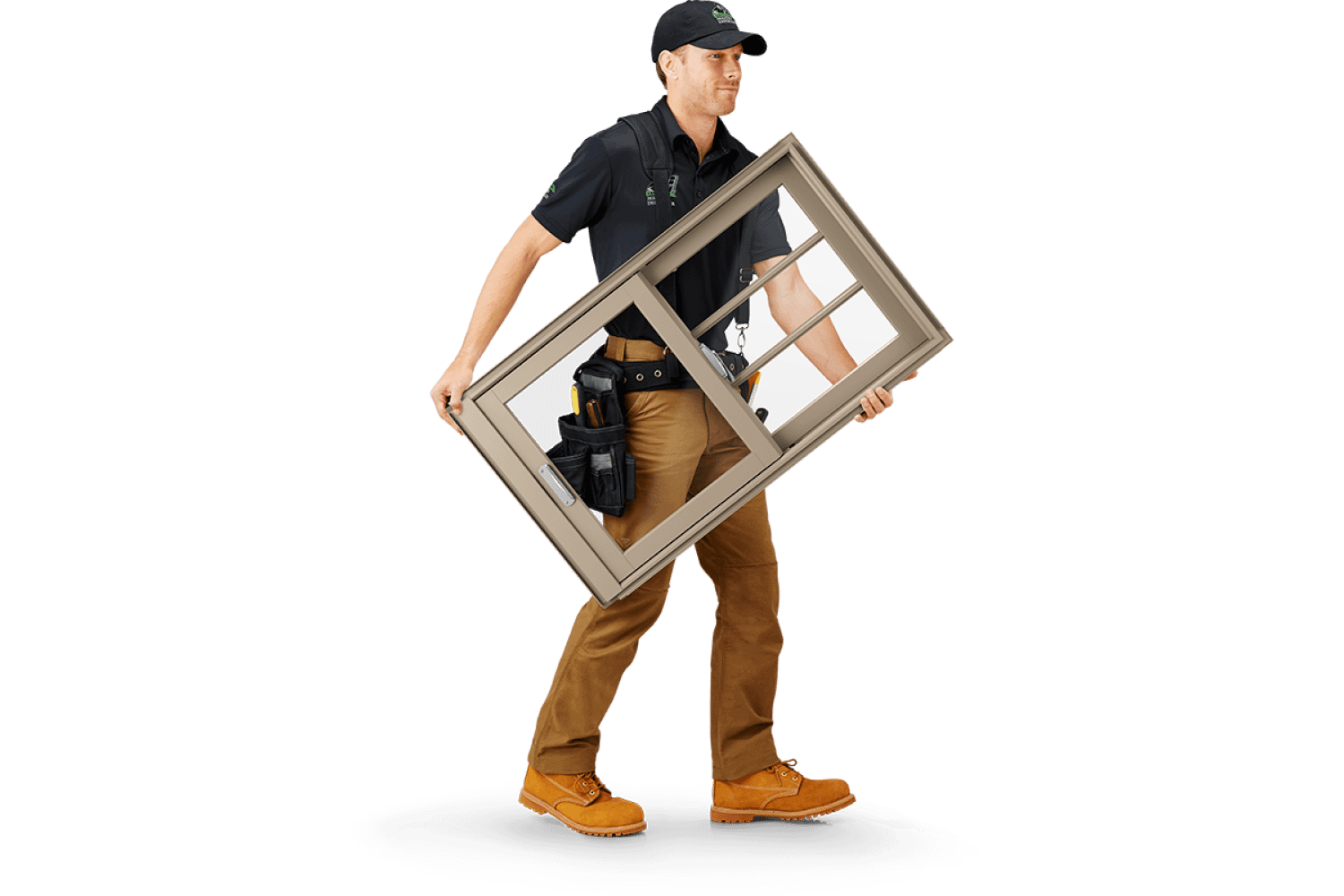 Installer walking with double hung window